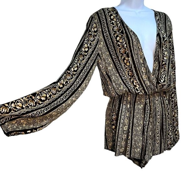 HONEY PUNCH Shorts Romper Black and Browns Deep Sexy V-Neck Size S - Picture 6 of 16